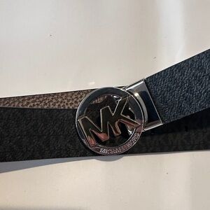 Michael Kors Black and Brown Leather Belt with Silver Buckle